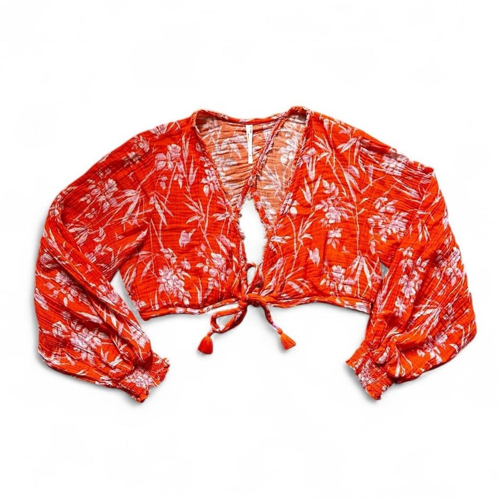Anthropologie Orange Floral Tie Front Blouse cotton womens XL